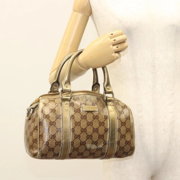 GUCCI GG Crystal Hand Bag Coated Canvas Brown Gold - Picture 1 of 16